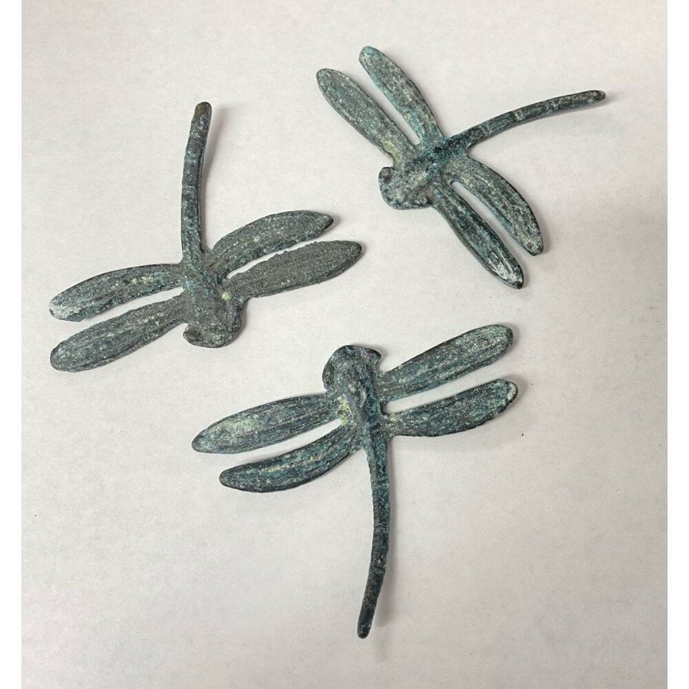 Miniature Bronze Dragonfly Figurines Has A Green Patina LOT 3 Vintage 2” X 3”